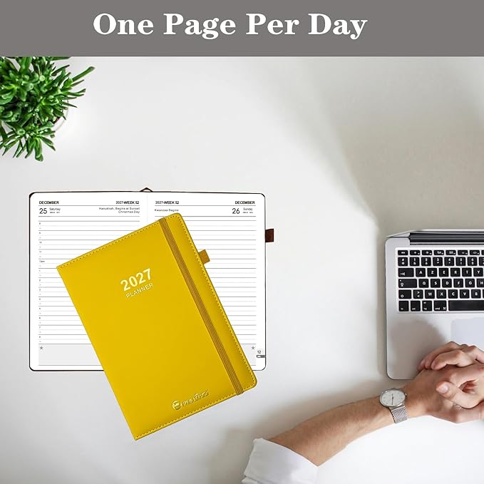 Daily Planner 2027 / Appointment Book, One Page Per Day, Jan - Dec 2027, Annual Daily Monthly Calendar Planner with Hourly Schedule and Monthly Tabs, 5.7" x 8.3" Agenda (Yellow)