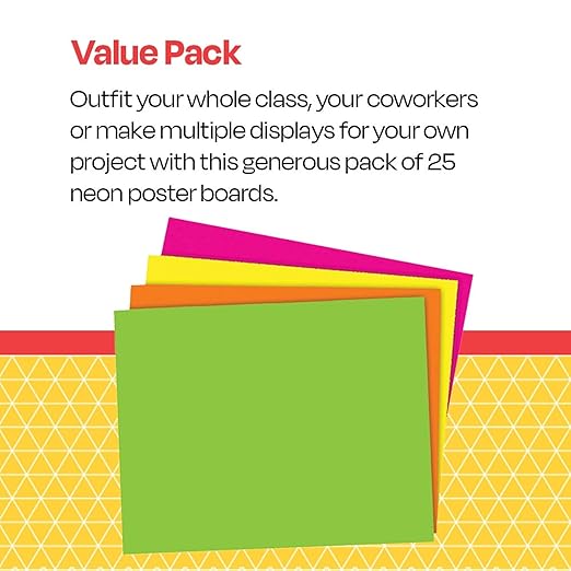 School Smart Poster Board Paper, Neon, Assorted Colors, 12 pt Thick, For Posters, Signs, Crafts, Displays, Classroom Projects, 11 x 14 Inches, 25 Pack