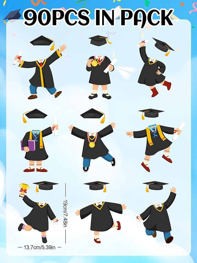 FYSUIMU 90 Pcs Graduation Hat Gown Cutout 2026 Graduation Bulletin Board Decoration Black Grad DIY Craft Photo Cutout Classroom Decor for Kindergarten Preschool Party Favor Supply