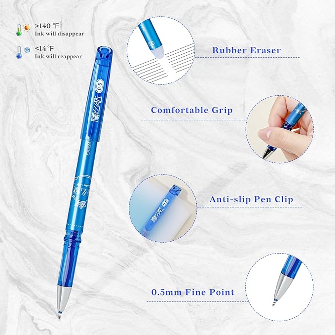 Temiary 12 Pcs Erasable Gel Pens, 0.5 mm Fine Point Heat Erasable Gel Ink Pen, Quick Dry for Writing, Journaling, and Crossword Puzzles, Smooth Writing for School Office Supplies (Blue)