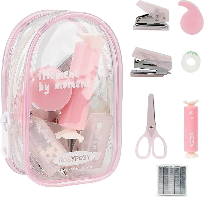 7-Piece Clear Desk Organizer Set - with Stapler, Hole Punch, Tape Dispenser, Scissors & Highlighters, Transparent Office Supplies Kit for Home Office, School & Workspace