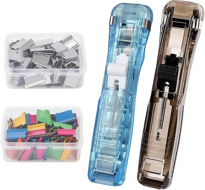 Portable Binder Clip Stapler - Includes 100 Reusable Clips, Compact No-Hole Binding Refillable Handheld Design, Portable Binder Clip Stapler for Office School Home Document Organization (2Pcs-b)