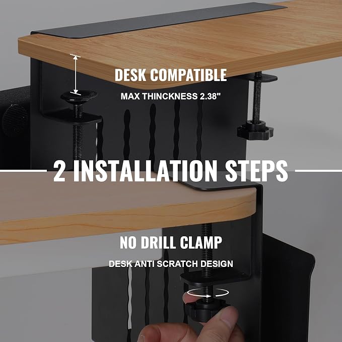 2 Tier Desk Side Laptop Holder, Under Desk Laptop Holder, Clamp On Desks Shelf for Tablet,Files, Accessories, No Drill Hanging Desk Caddy for Office and Home, Load 30Lbs