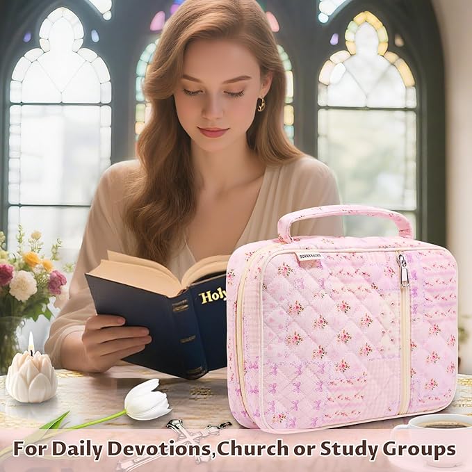 shirabags Quilted Bible Cover Case for Women - Elegant Cotton Bible Bag for Study, Church, Christian Gifts for Women (Pink pin, L)