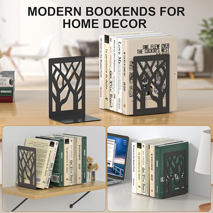 Bookends 4 Pieces, Tree Design Modern Metal Bookends for Shelves, Black Tree Book Ends Decorative Book Organizer for Desk, Decorative Shelve Book Stopper for Home Office