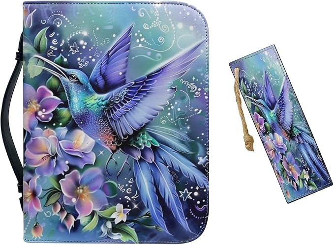 PU Leather Bible Covers for Women Girls,Green Bible Case Carrying Bag Fits Bible Book Accessory,Colorful Hummingbirds and Flowers,Medium