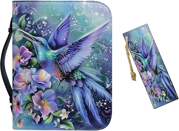 PU Leather Bible Covers for Women Girls,Green Bible Case Carrying Bag Fits Bible Book Accessory,Colorful Hummingbirds and Flowers,X-Large