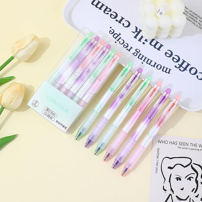 6pcs Erasable Pens 0.5mm Blue Gel Ink Pens Retractable Mistake-Free Smooth Writing Pens with Erasers for Women Men Office Supplies (light color 6pcs, Blue)