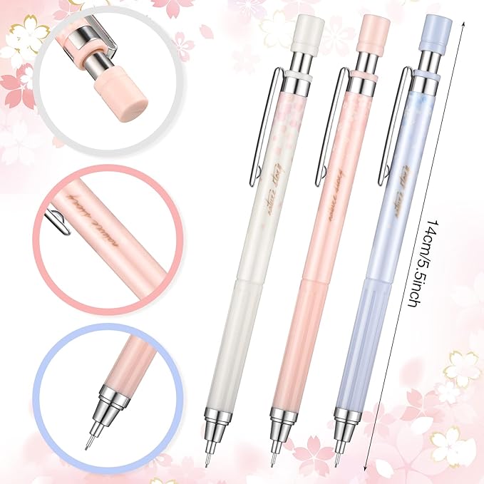 15 Pcs 0.5 mm Mechanical Pencil Set Include 6 Pcs Japanese Cute Pencils with 6 Tubes Pencil Refill and 3 Cute Cherry Erasers for Sketching Architecture Drawing