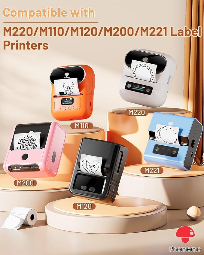 Phomemo Thermal Labels 1.96"x1.96"(50x50mm) for M110/M220/M100/M120/M250/M150, Multi-Purpose Self-Adhesive Tag for Barcode/Address/Logo/Mailing/Business/Home Tag,Black on White, 140 Labels/Roll
