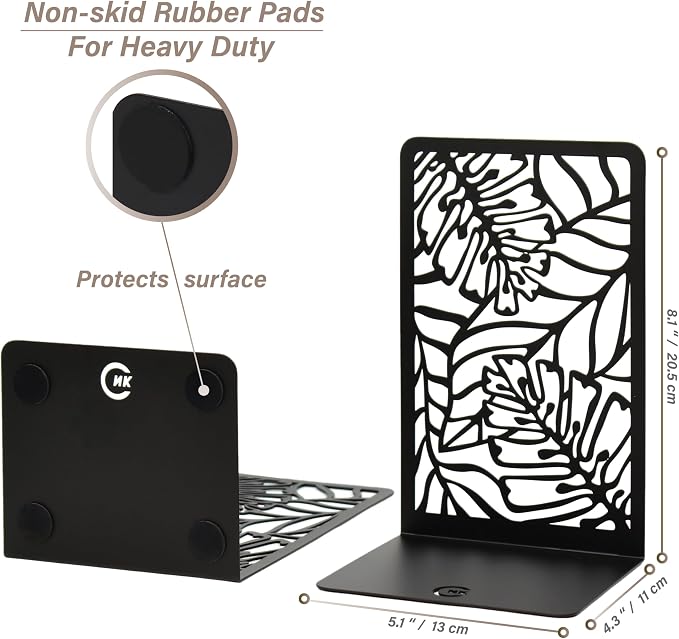 CNK Premium Metal Book Ends - Heavy Duty Book Stoppers for Home Office - Black