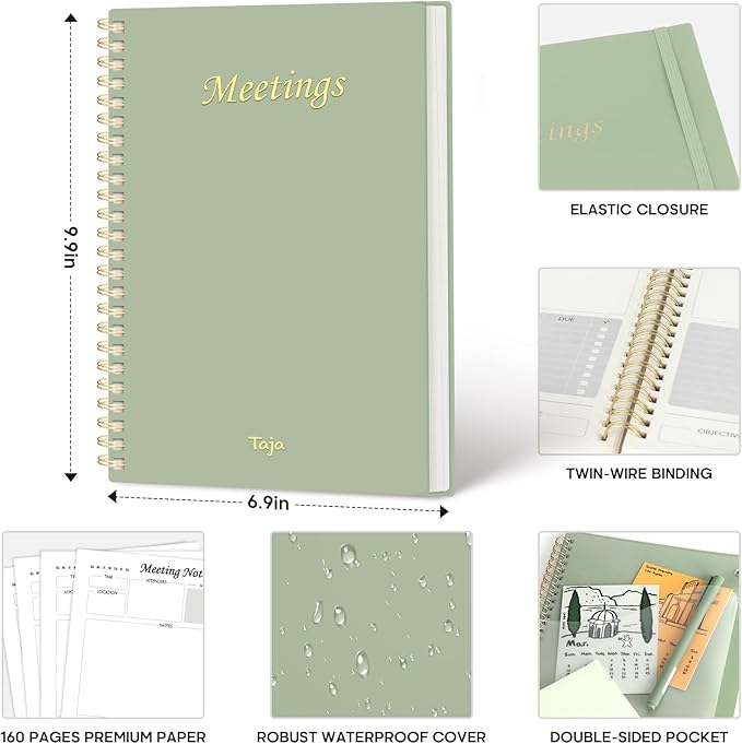 Taja Meeting Notebook for Work Organization - Work Planner Notebook with Action Items, Agenda Planner for Note Taking, 160 Pages (6.9" X 9.9") Project Organizer for Men & Women - Green