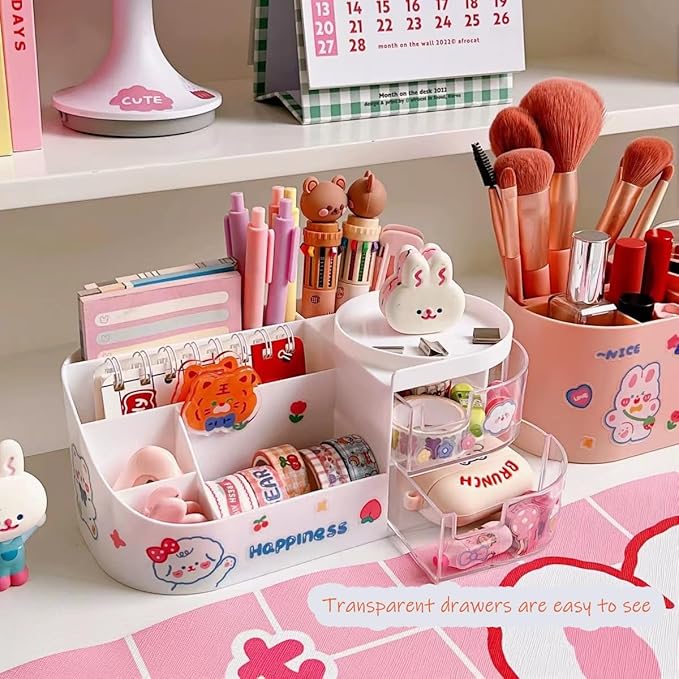 Kawaii Stationery Storage Box Makeup Organizer with 2 Drawers, Kawaii Pen Organizer with Stickers DIY Fun, Desk Organizers and Accessories with 5 Compartments for Teen Girls Office Art Supplie