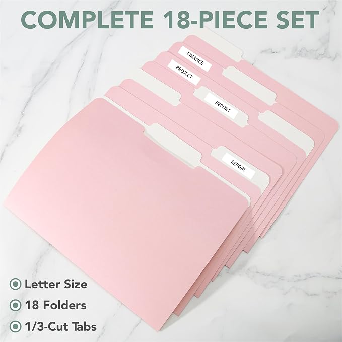 Mr. Pen- Poly File Folders with Tabs, 1/3 Cut Tab, 18 Pack, Letter Size, Pink, File Folders Designed for Office and Classroom Use