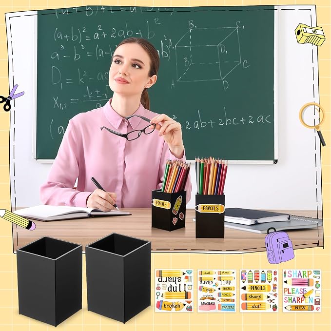 Funrous 4 Pack Black Acrylic Pen Pencil Holder Desktop Pencil Dispenser Makeup Brush Holder Organizer with Colorful Stickers for School Office Home Supplies, 3.94 x 2.56 x 2.56 Inches