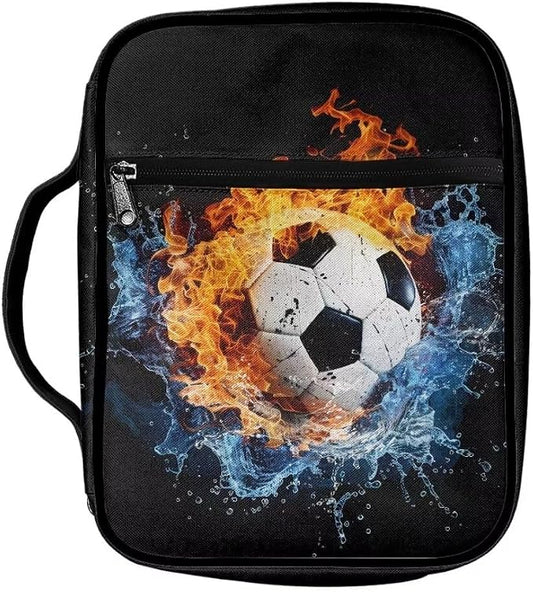 Coldinair Football Bible Cover for Kids Teen Men Fire Flame Church Bible Protective Book Case with Pen Slot Handle & Zippered Pocket Travel Christian Bible Accessories