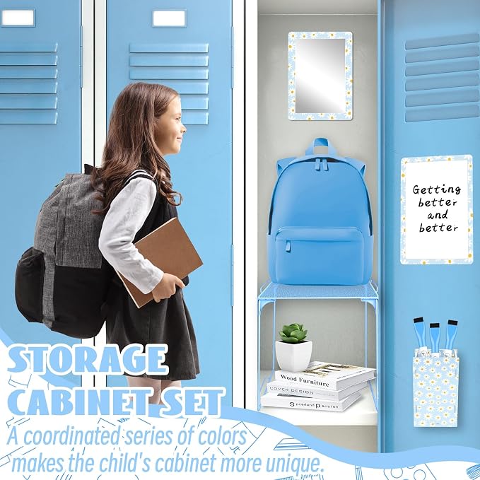Denylo pro Magnetic Locker Accessories Kit Sky Blue Back to School Essentials Locker Organizer Supplies Include Mirror Whiteboard Pen Shelf Pencil Case Magnet Back to School Essentials