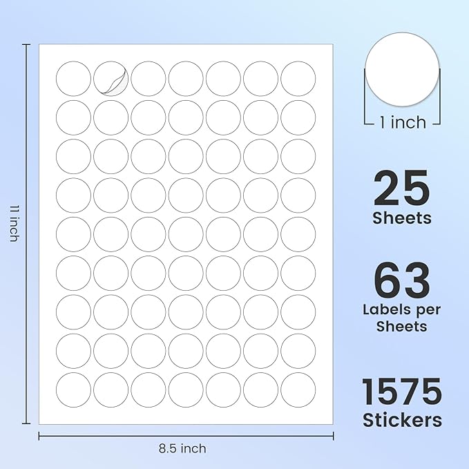L LIKED 1'' Diameter Round Printable 25 Sheets Matte Sticker Labels for Laser/Inkjet Printer, White Blank Circle Stickers, Strong Adhesive (1575 Labels)