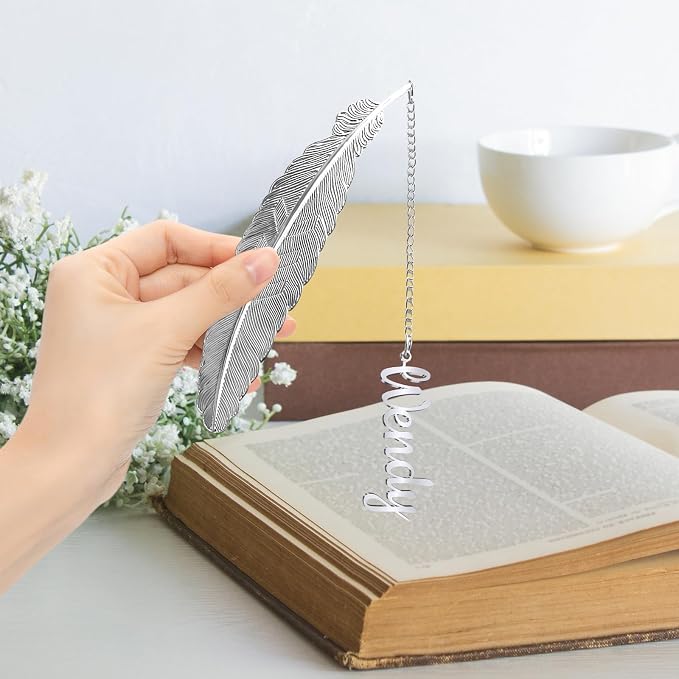 Custom Feather Bookmark Personalized Metal Bookmark with Name Pendant, Gold Silver Customized Gift for Bookworms, Teachers, Women Includes Gift Box