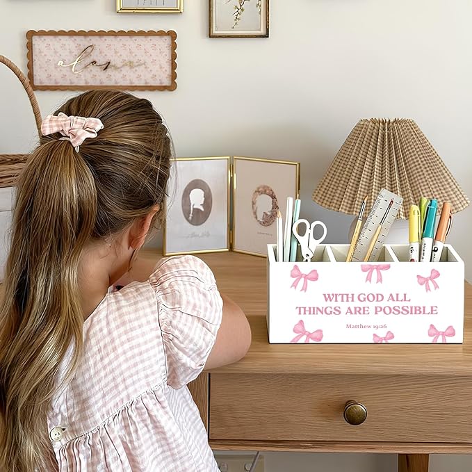 Coquette Pink Bow Christian Pen Pencil Holder for Desk, Christian Gifts for Women, With God All Things Are Possible Wooden Box Sign Decorations for Girly Room Bedroom Dorm Office Desk Tabletop