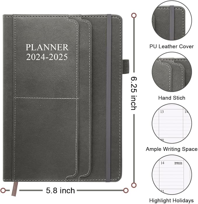Planner 2024-2025 - 18 Months (July 24 - December 25) Academic Planner 5.8" x 8.5", 2024-2025 Weekly & Monthly Agenda with Pen Holder, Vegan Leather Hard Cover, Grey