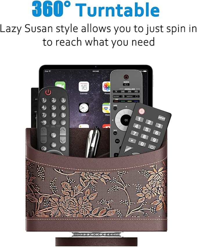 Thipoten Remote Control Holder for Table, Leather Turntable/Organizer/Caddy for Holding TV Controllers, Phone, and Office Supplies, Perfect Space Saver for End Table/Nightstand/Office Desk(Retro)