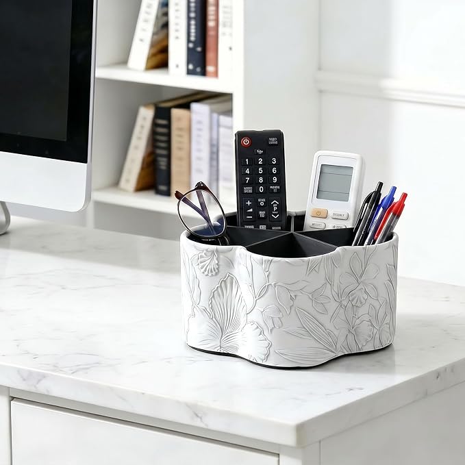 Flower Shaped Leather Art Supply Organizer,Remote Control Holder,360 Degree Spinning,Multi-Functional Pencil Holder,5 Compartments Desktop Stationary Organizer(1-Flower Grey)