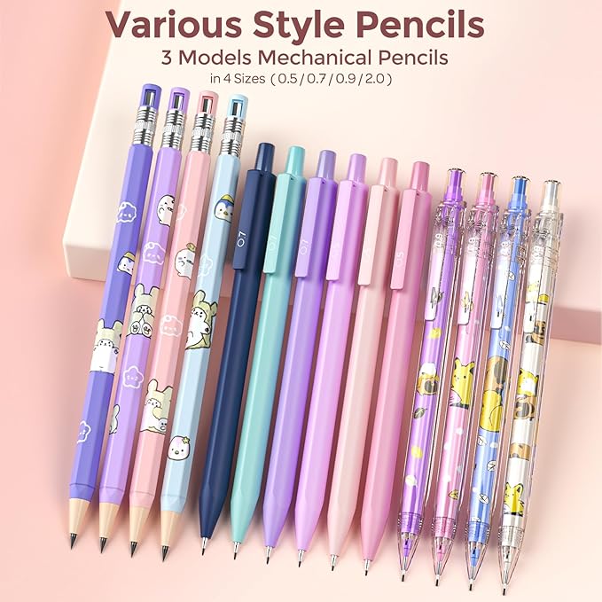 Nicpro 45PCS Aesthetic School Supplies with Pink Pen Case, Pastel Mechanical Pencils 0.5, 0.7, 0.9, 2mm with 462 PCS Lead Refills(4B 2B HB 2H 4H COLORS) Erasers For Student Writing Drawing