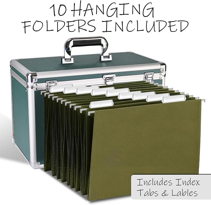 File Storage Cabinet for Legal SizeHanging File Folders, Suspension File Holder, Document Organizer Filing Lockbox in Office and Home with Combination Lock and 10-pack Hanging Files (Green, Legal)