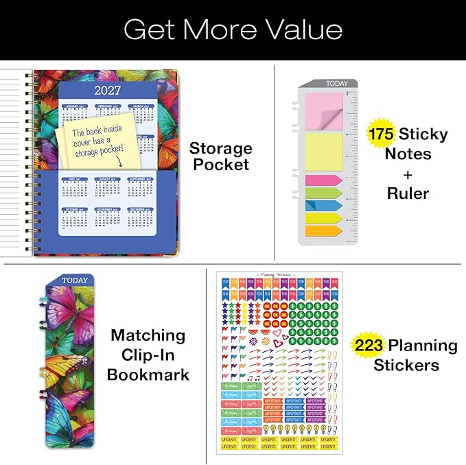 HARDCOVER 2026 Planner, 8.5"x11": 14 Months (November 2025 - December 2026), Daily Weekly Monthly Planner, Yearly Agenda, Bookmark, Pocket Folder and Sticky Note Set (Colorful Butterflies)