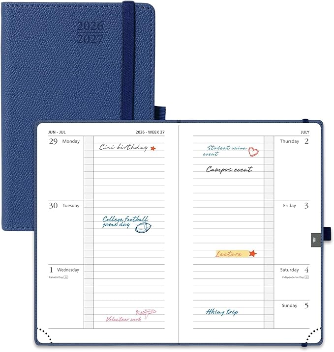POPRUN 2026-2027 Pocket Weekly Planner Calendar, Size 4'' x 6.25'', Academic Planner (Jul 2026 - Jun 2027) Horizontal Layout with Lined Sections, Leather Hardcover, 100GSM Paper - Navy Blue