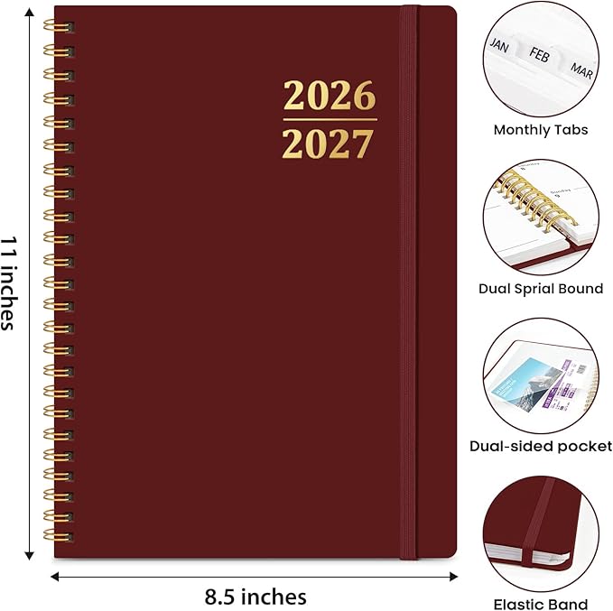 8.5" x 11" Academic Planner 2026-2027, Weekly & Monthly Calendar Planner Book, July 2026 – June 2027, Large Hardcover Organizer with Tabs, Perfect for Teachers, Students, Women & Men – A4, Burgundy