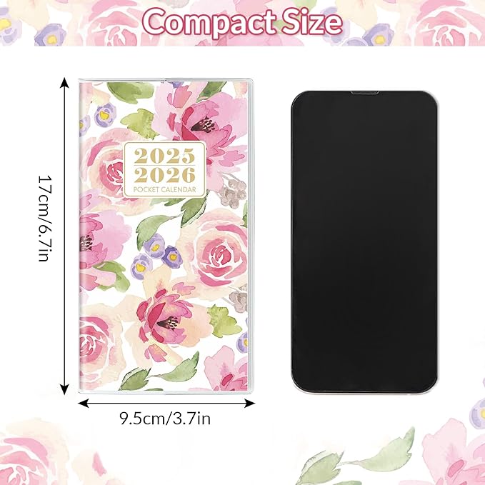 Pocket Calendar 2025-2026, Purse Monthly Planner 2025-2026 - 6.7" x 3.7" - Runs from Janury 2025 Until December 2026, Pocket Planner 2025-2026 with PVC Cover for Planning, Organizing and Office