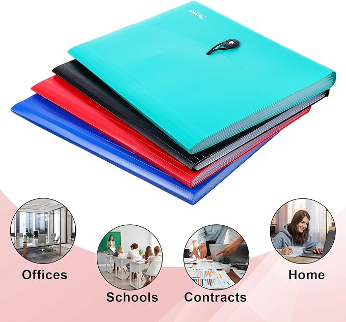 4 Pack 7-Pocket Plastic Accordion File Organizer, Expanding File Folder Expandable Document Holder with Index Tabs, A4|Letter Size for Office School Home Travel Supplies, 4 Colors