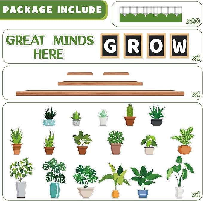 Spring Potted Plant Bulletin Board Set, Greenery Classroom Bulletin Board Decorations Motivational Plant Cutouts March April Home Library Window Wall Party Decor for Teacher(Great Minds Grow Here)