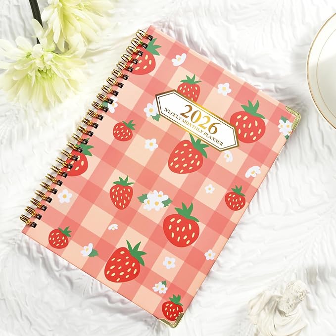 2026 Planner, Jan.2026 - Dec.2026 Planner Weekly and Monthly 6.25"x8.5" with with Page Tabs, Calendar Hardcover with Inner Pocket, Elastic Band, Twin-Wire Binding, Bookmark,Strawberry Lattice