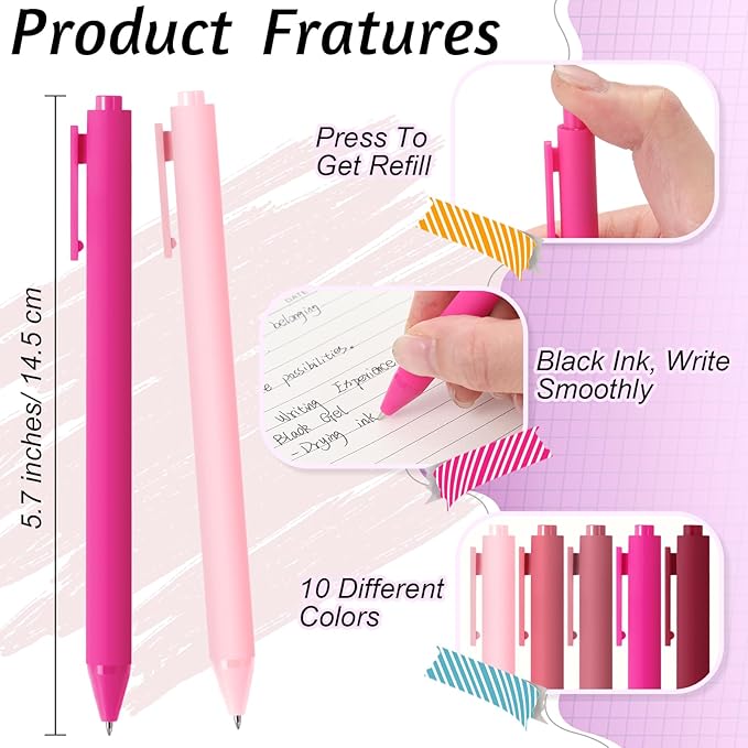 Crtiin 50 Pcs Gel Pens Bulk, 0.5mm Fine Point Black Ink Pens, Retractable Smooth Writing Quick Dry, Colored Aesthetic for School Office Journaling Teacher Appreciation Mother Day (Pink Series)