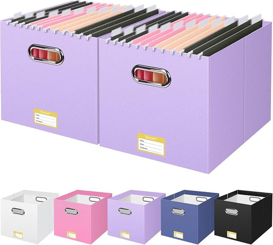 BALEINE File Organizer Box, Cardboard File Folder Organizer with Handle for Letter Size, Portable Collapsible Hanging Filing Box for Home Office Document Storage (2 Pack, Large Lavender)