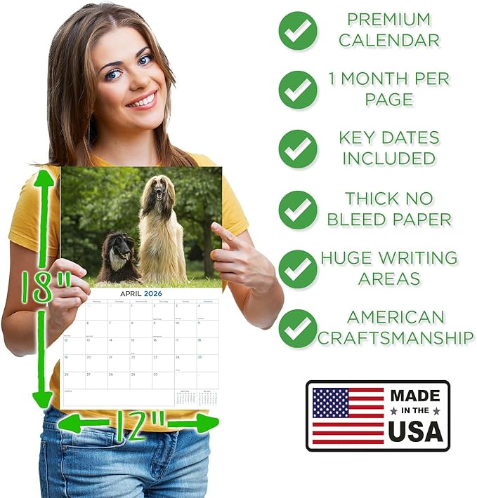 2025 2026 Afghan Hound Calendar - Dog Breed Monthly Wall Calendar - 12" x 18" Open - Thick No-Bleed Paper - Giftable - Academic Teacher's Planner Calendar Organizing & Planning - Made in USA