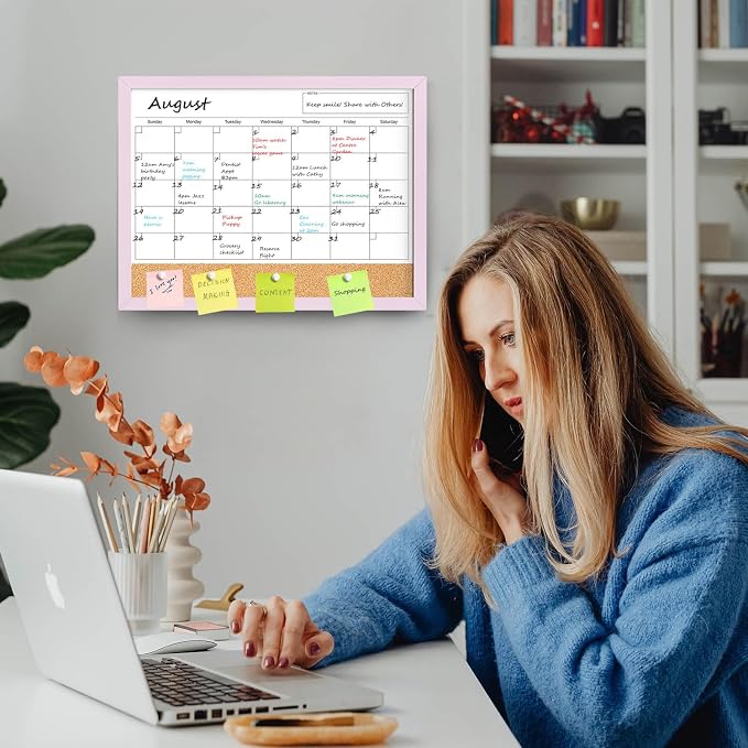 Dry Erase Calendar Cork Board Combo, 17x13 Inches Calendar Whiteboard for Wall, Small Magnetic White Board with Pink Wood Framed, Dry Erase Board for Planner Office Kitchen Home Memo