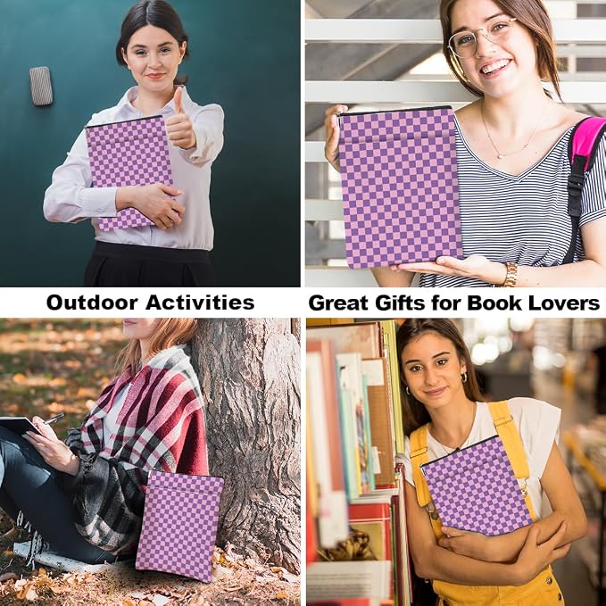 Purple Plaid Book Lovers Gifts Book Sleeve Vintage Checkered Waterproof Book Cover Book Pouch Book Protector with Front Pocket Book Club Christmas Birthday Gifts for Women Girl Sister Book Accessories