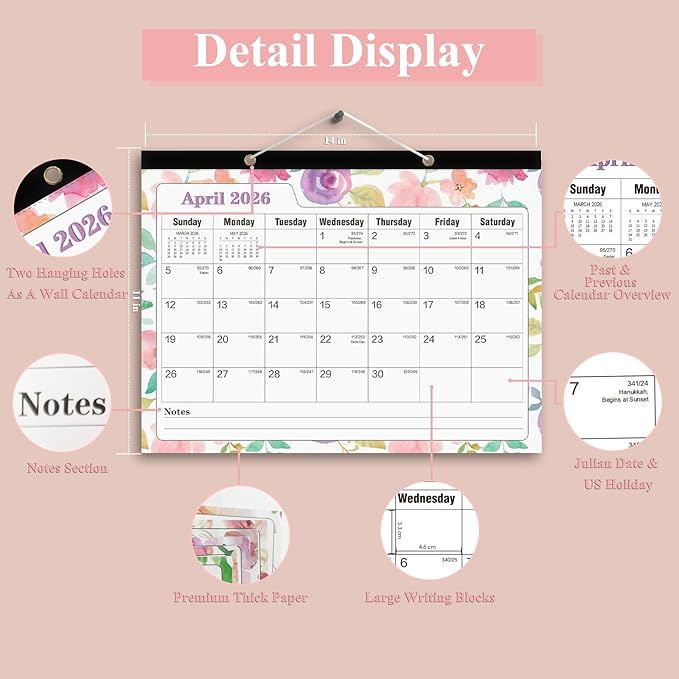Ymumuda Desk Calendar 2026-2027 Wall Calendar 2 in 1, Monthly Desk Calendar 2026 from JAN.2026 to JUN.2027, 18-Month, Large 12"×17", Waterproof Cover, Hanging Rope, Home/office/School Planners