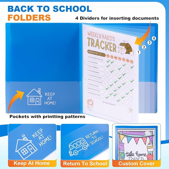 24 Pcs Back to School Take Home Folders for Elementary Students 2 Pocket Folders with Clear Front Pocket 4 Inner Pockets Parent Teacher Communication Folder Plastic Homework Folder 11.81 x 9.45 Inch