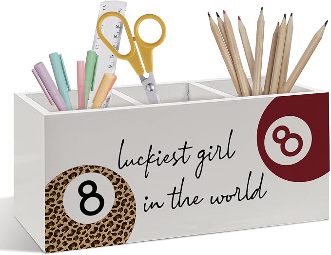 Funky Lucky 8 Ball Pen Pencil Holder, Cheetah Print Gifts for Women, Leopard Desk Accessories, Trendy Red Leopard Print Ball Wooden Pen Pencil Organizer for Girly Bedroom Dorm Desk Decor