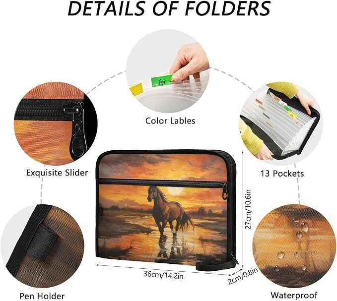 ALAZA Horse at Sunset Expanding Filing Folder, 13 Pockets Expandable Document Organizer Folder with Zipper Closure for Home Office A4 Letter Size Paper Document