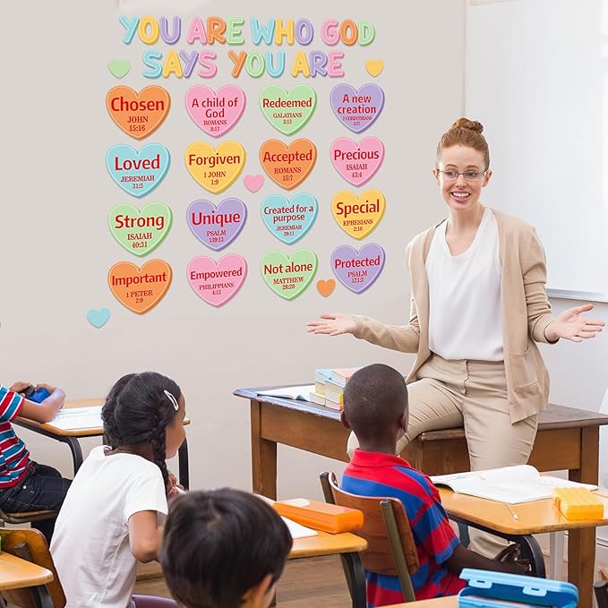 Christian Bulletin Board Decorations Set Motivational Quote Paper Cutout God Says You are Valentine's Day Classroom Wall Decor Conversation Heart Bulletin Board for Sunday School Home Church Supplies