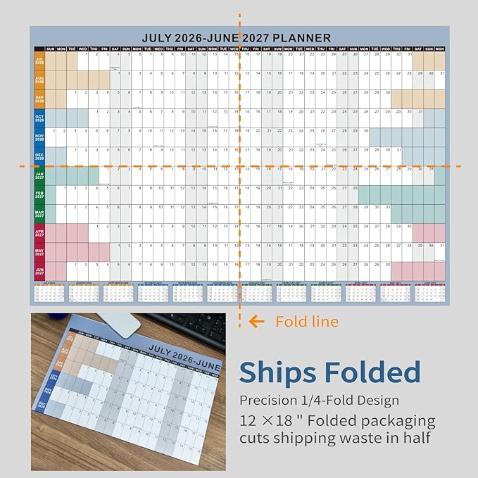 24x36 Inch Academic Wall Calendar 2026-2027 - Folded Large Yearly Wall Planner July-june, Boho12-Month Paper Calendar with Large Blocks for School, Office, Teachers & Home