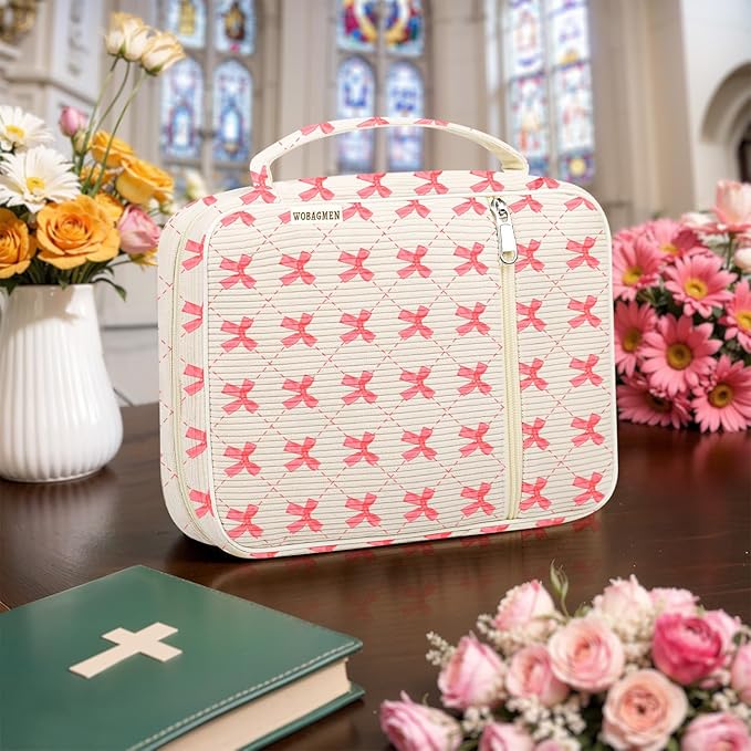 WOBAGMEN Bible Cover Case for Women,Cordoury Bible Cover with Handle,Bow Bible Book Cover,Carrying Case Bible Protective Christian Gift(zhengqi Bow, M)
