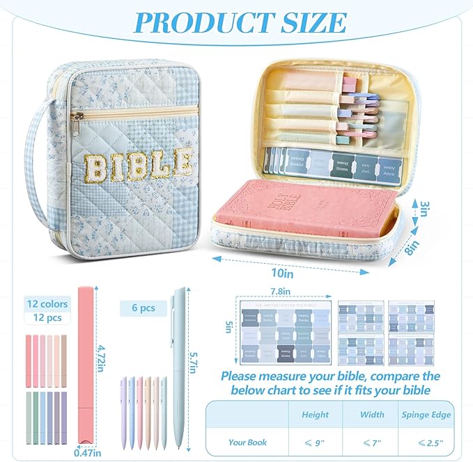 Sinload Quilted Bible Cover Case for Women Large Carrying Bag with Organizer Tabs 6 Colored Pens 6 Highlighters Book Tote Bags with Handle Bible Carry Supplies Christian Gifts(Blue Patch)