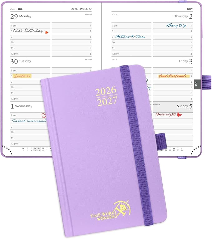 POPRUN 2026-2027 Academic Small Weekly Planner, 4" x 6.25" Purse Size Calendar, July 2026 to June 2027, Hardcover Appointment Book with Horizontal Layout, Hourly Time Slots - Violet